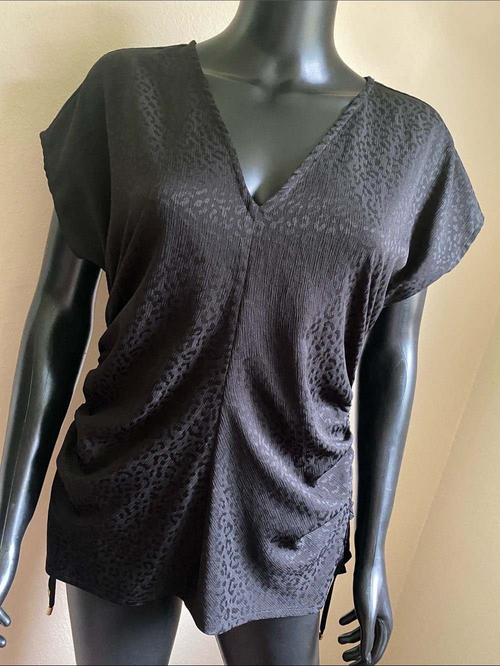 Michael Kors Black Jacquard Leopard V-Neck Ruched Side Blouse